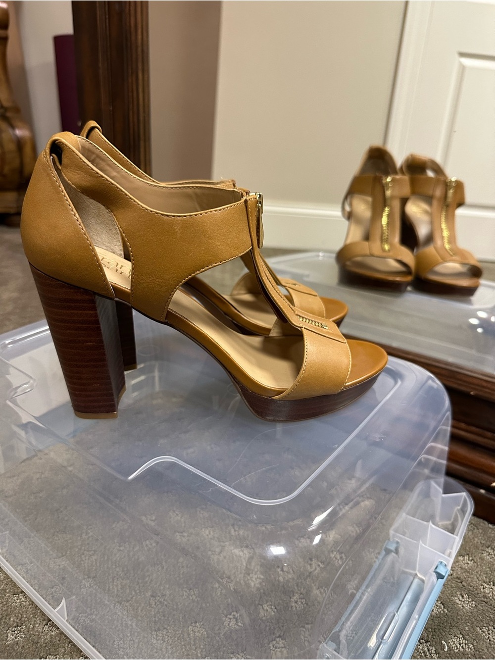 Franco Sarto Tan T-Strap Block Heel Sandals